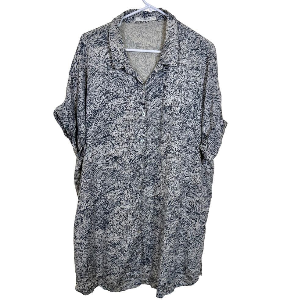 Two Danes Button Down Tunic Abstract Floral Grey Cream Lagenlook Scandi L/XL